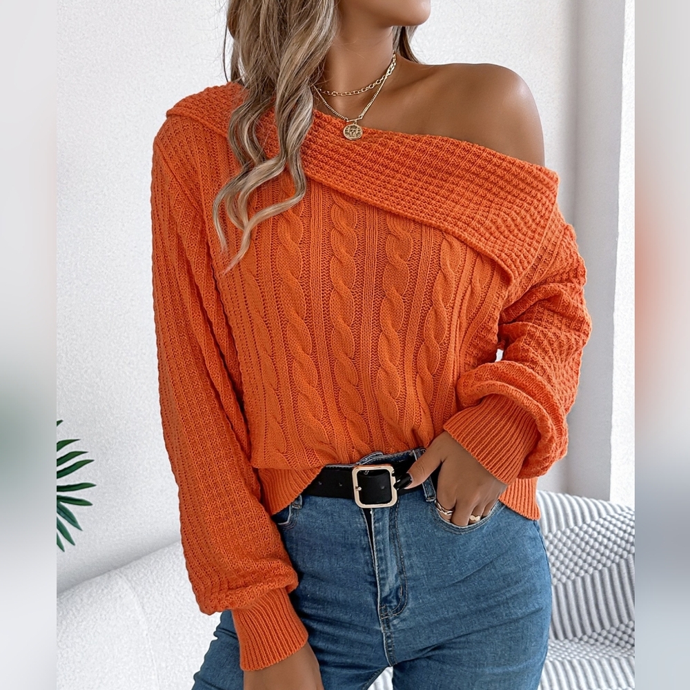 Women's Off-Shoulder Rust Sweater - Picture 6 of 11